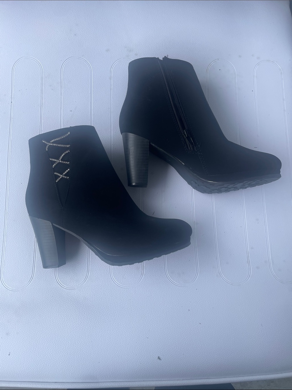 Women's Black High-Heel Ankle Booties with Side Zip and Decorative Lacing